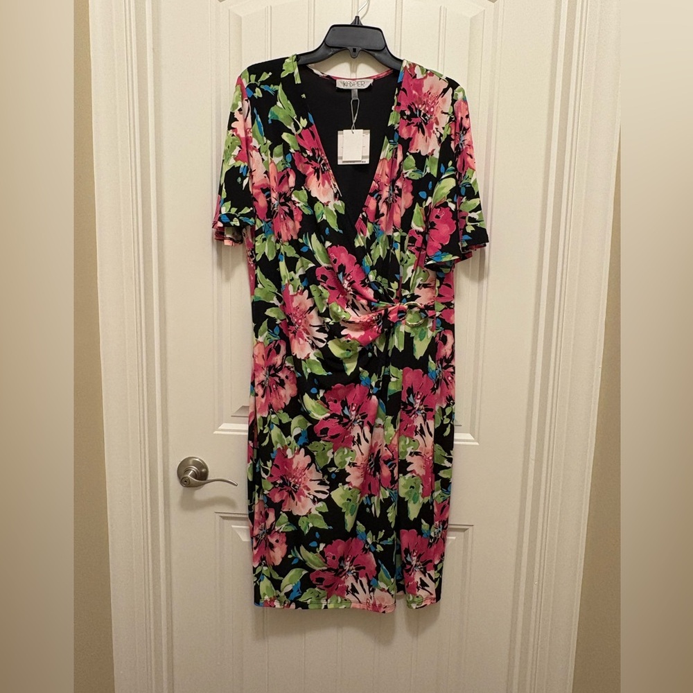 Kasper Pink and Green Sheath Midi Dress V-Neck Short Sleeve